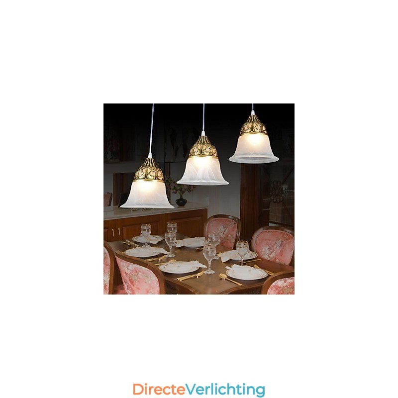 Bronzen hanglamp drie lampen moiré glas Europees klassiek