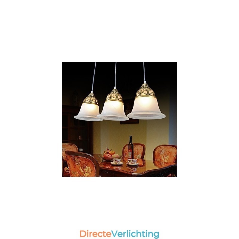 Bronzen hanglamp drie lampen moiré glas Europees klassiek