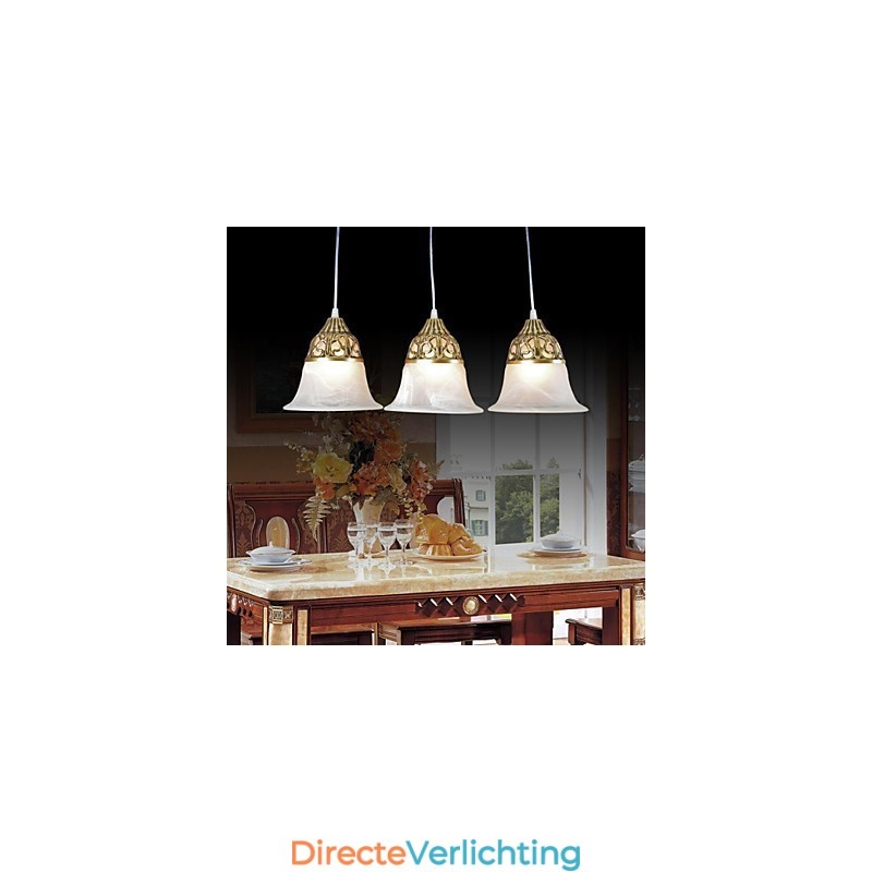 Bronzen hanglamp drie lampen moiré glas Europees klassiek