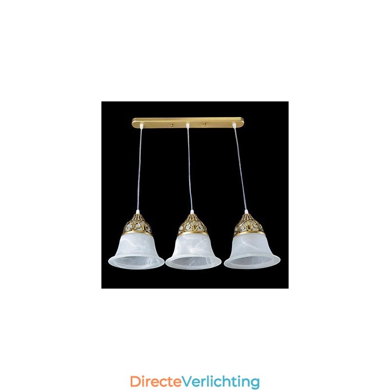 Bronzen hanglamp drie lampen moiré glas Europees klassiek