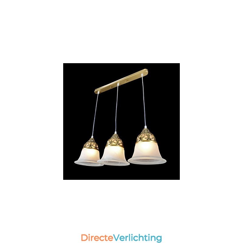 Bronzen hanglamp drie lampen moiré glas Europees klassiek