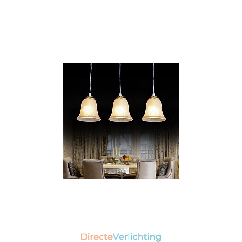 Bronzen hanglamp met drie lampen, patroon, glazen kap, Europees, retro, klassiek