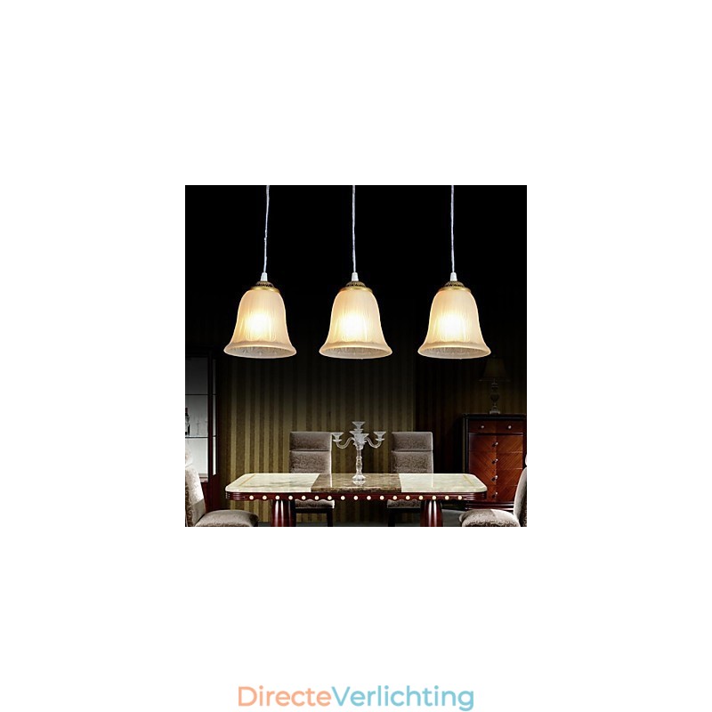 Bronzen hanglamp met drie lampen, patroon, glazen kap, Europees, retro, klassiek