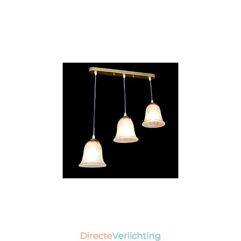 Bronzen hanglamp met drie lampen, patroon, glazen kap, Europees, retro, klassiek