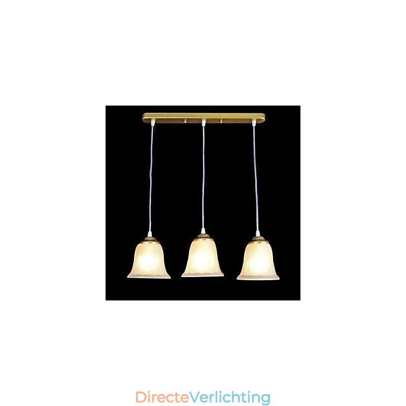 Bronzen hanglamp met drie lampen, patroon, glazen kap, Europees, retro, klassiek