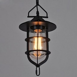 Middelgrote vintage zwarte kooivormige hanglamp van glas en metaal
