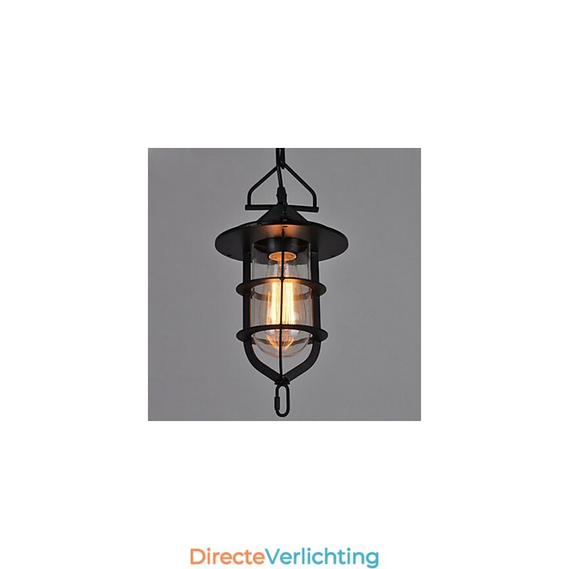 Middelgrote vintage zwarte kooivormige hanglamp van glas en metaal