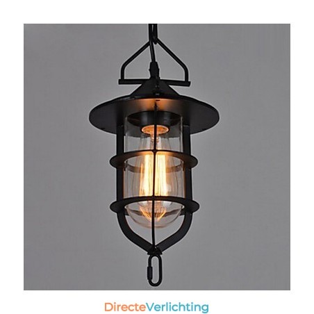 Middelgrote vintage zwarte kooivormige hanglamp van glas en metaal Middelgrote vintage zwarte kooivormige hanglamp van glas en metaal