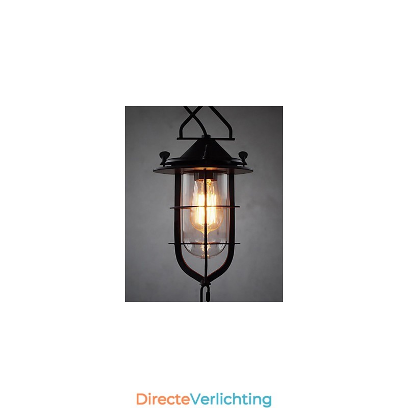 Middelgrote vintage zwarte kooivormige hanglamp van glas en metaal