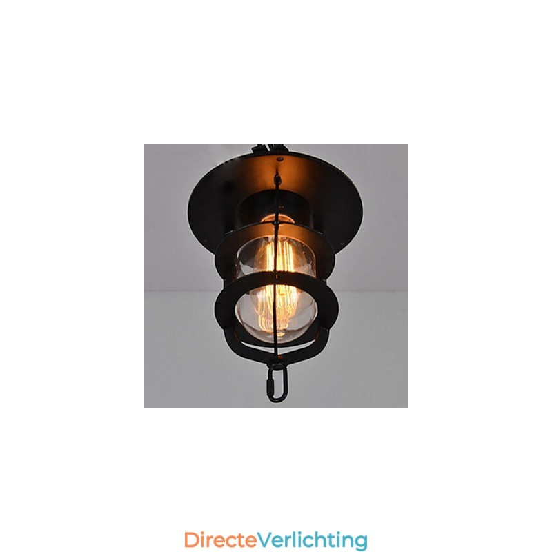 Middelgrote vintage zwarte kooivormige hanglamp van glas en metaal