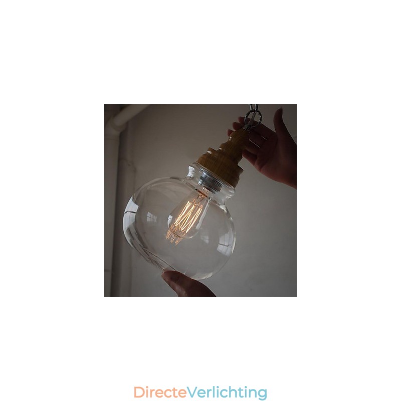 Vintage houten ronde kristallen bol hanglamp (diameter 19 cm)