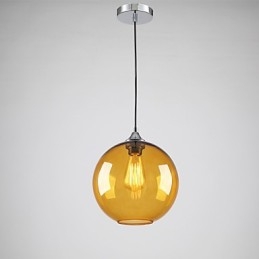 Moderne glazen hanglamp in ronde amberkleurige glazen kap met bubbeldesign