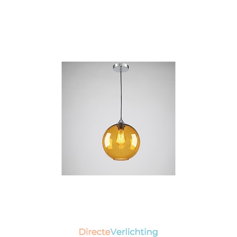 Moderne glazen hanglamp in ronde amberkleurige glazen kap met bubbeldesign