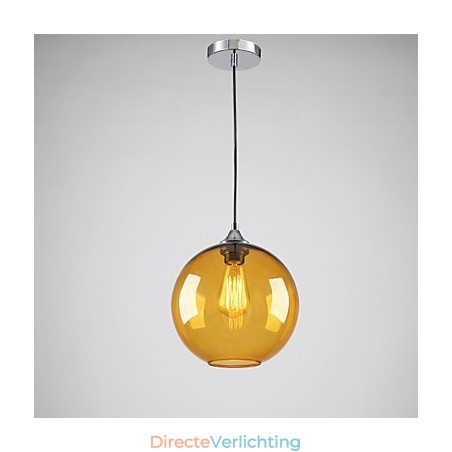 Moderne glazen hanglamp in ronde amberkleurige glazen kap met bubbeldesign Moderne glazen hanglamp in ronde amberkleurige glazen kap met bubbeldesign