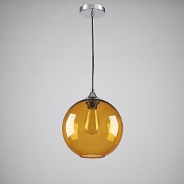 Moderne glazen hanglamp in ronde amberkleurige glazen kap met bubbeldesign