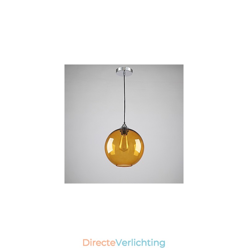 Moderne glazen hanglamp in ronde amberkleurige glazen kap met bubbeldesign