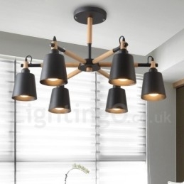 Moderne eigentijdse houten kroonluchter met 6 lampen