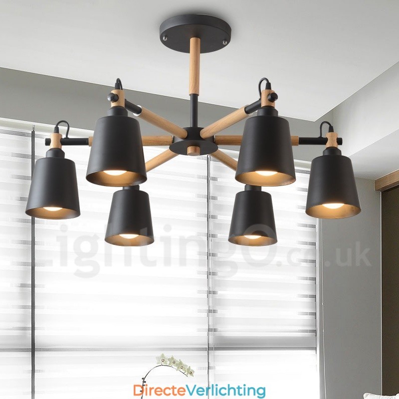 Moderne eigentijdse houten kroonluchter met 6 lampen