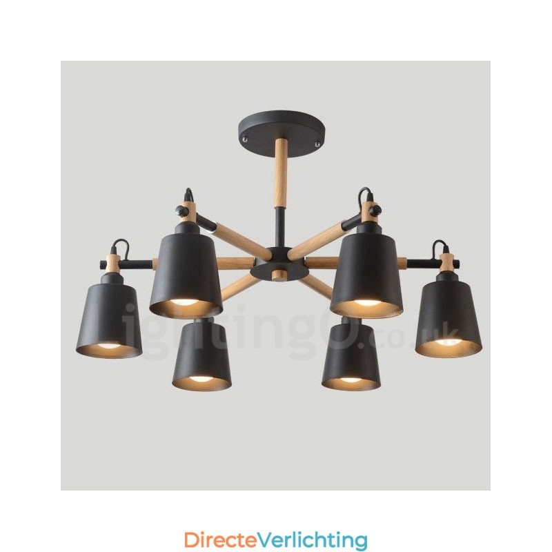 Moderne eigentijdse houten kroonluchter met 6 lampen