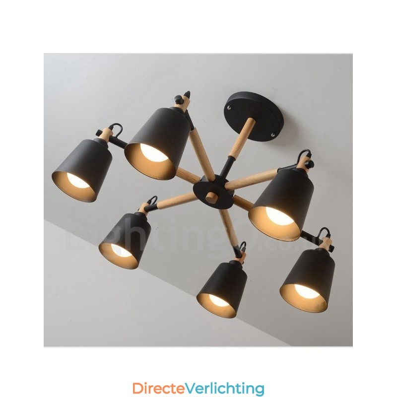 Moderne eigentijdse houten kroonluchter met 6 lampen