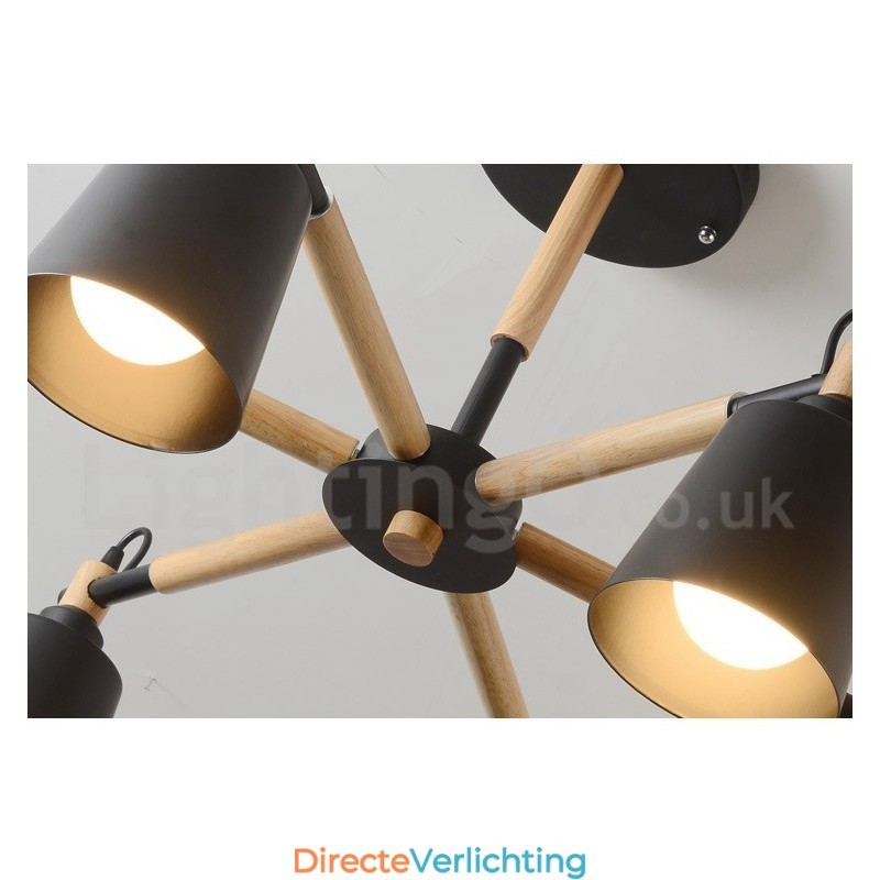 Moderne eigentijdse houten kroonluchter met 6 lampen