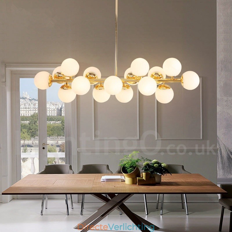 Moderne eigentijdse kroonluchter met 16 lampen, glazen kap en lamp