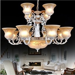 Witte kroonluchter met vijftien lampen, patroon, glazen kap, handverguld, Europees retro klassiek