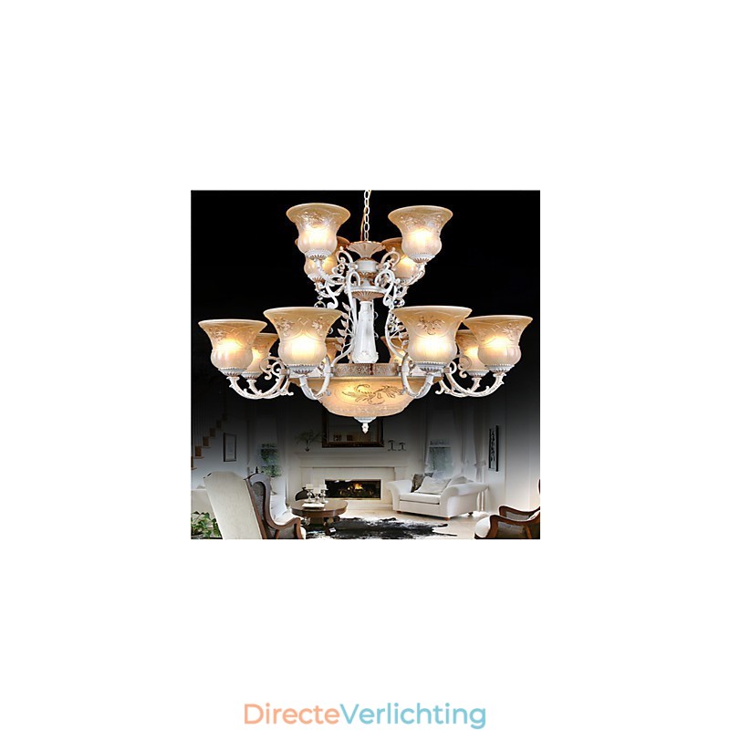 Witte kroonluchter met vijftien lampen, patroon, glazen kap, handverguld, Europees retro klassiek