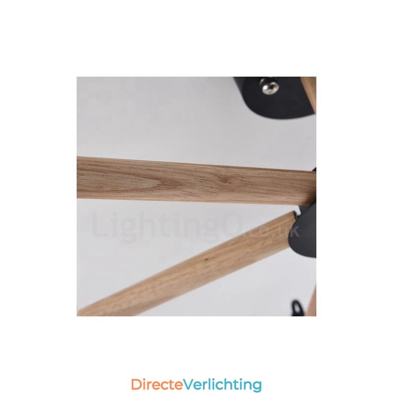 Moderne eigentijdse 3-lichts kroonluchter van hout met een trommelvormige stoffen kap en