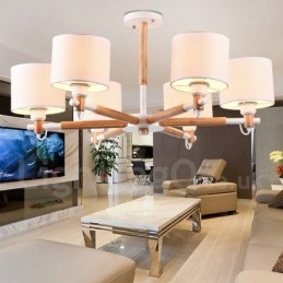 Moderne eigentijdse 6-lichts enkellaags houten kroonluchter met trommelstof (zwart-wit)
