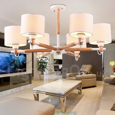 Moderne eigentijdse 6-lichts enkellaags houten kroonluchter met trommelstof (zwart-wit) Moderne eigentijdse 6-lichts enkellaags houten kroonluchter met trommelstof (zwart-wit)