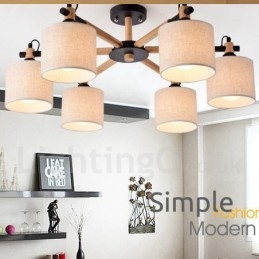 Moderne eigentijdse 6-lichts enkellaags houten kroonluchter met trommelstof (zwart-wit)
