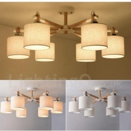 Moderne eigentijdse 6-lichts enkellaags houten kroonluchter met trommelstof (zwart-wit)