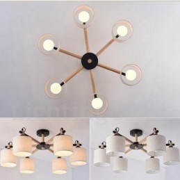 Moderne eigentijdse 6-lichts enkellaags houten kroonluchter met trommelstof (zwart-wit)