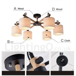 Moderne eigentijdse 6-lichts enkellaags houten kroonluchter met trommelstof (zwart-wit)