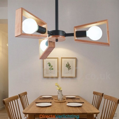 Houten enkelvoudige kroonluchter met 3 lampen, moderne, eigentijdse stijl Houten enkelvoudige kroonluchter met 3 lampen, moderne, eigentijdse stijl