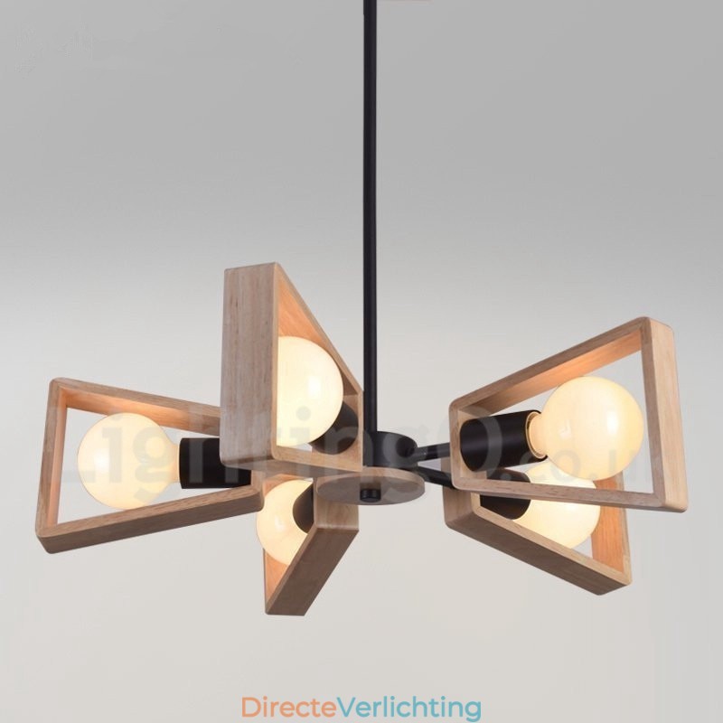 Houten enkelvoudige kroonluchterlamp met 5 lampen in moderne, eigentijdse stijl