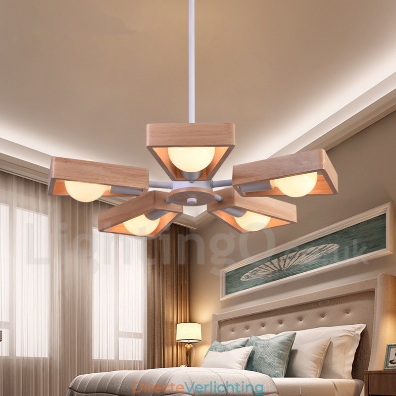 Houten enkelvoudige kroonluchterlamp met 5 lampen in moderne, eigentijdse stijl
