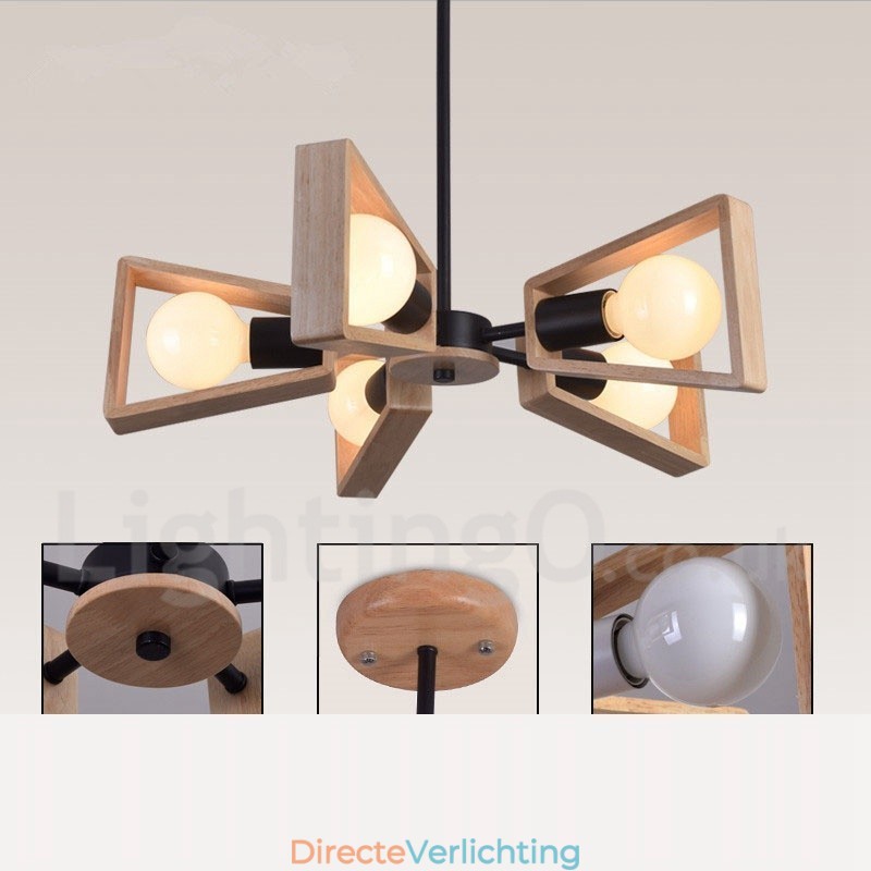 Houten enkelvoudige kroonluchterlamp met 5 lampen in moderne, eigentijdse stijl