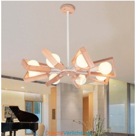 Houten enkelvoudige kroonluchterlamp met 8 lampen in moderne, eigentijdse stijl Houten enkelvoudige kroonluchterlamp met 8 lampen in moderne, eigentijdse stijl