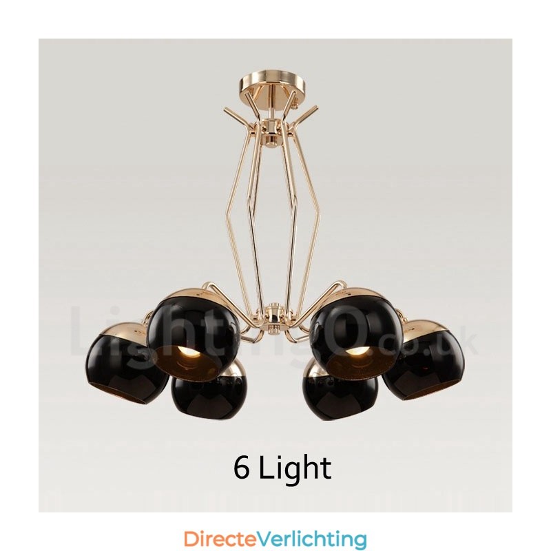 6-lichts enkellaags moderne, eigentijdse metalen kroonluchterlamp met glazen kap