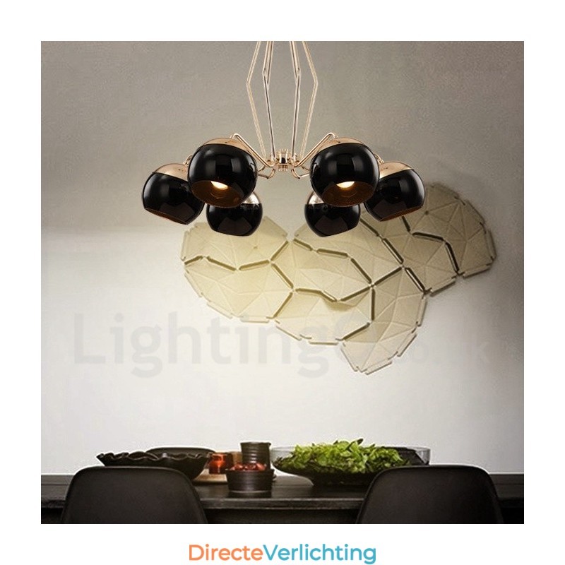 6-lichts enkellaags moderne, eigentijdse metalen kroonluchterlamp met glazen kap