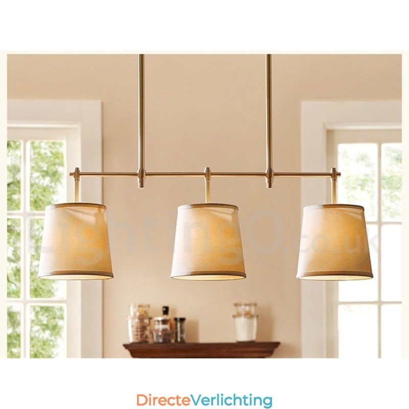Landelijke Retro 3-lichts koperen kroonluchterlamp met stoffen kap