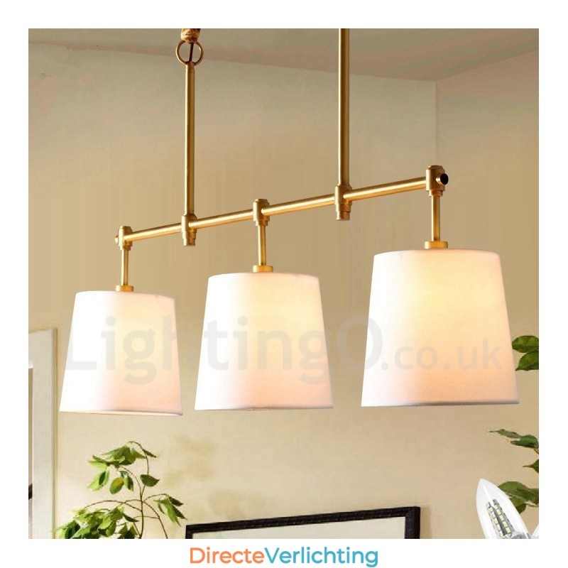 Landelijke Retro 3-lichts koperen kroonluchterlamp met stoffen kap