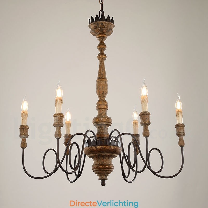 Land Vintage Houten 6 Lichts Kroonluchter Licht
