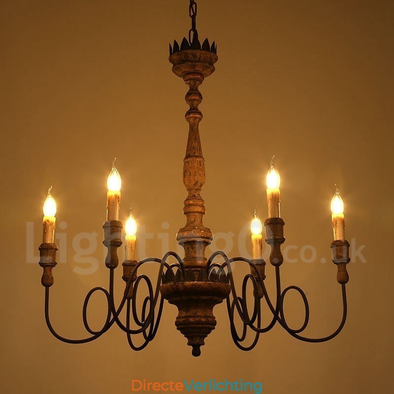 Land Vintage Houten 6 Lichts Kroonluchter Licht
