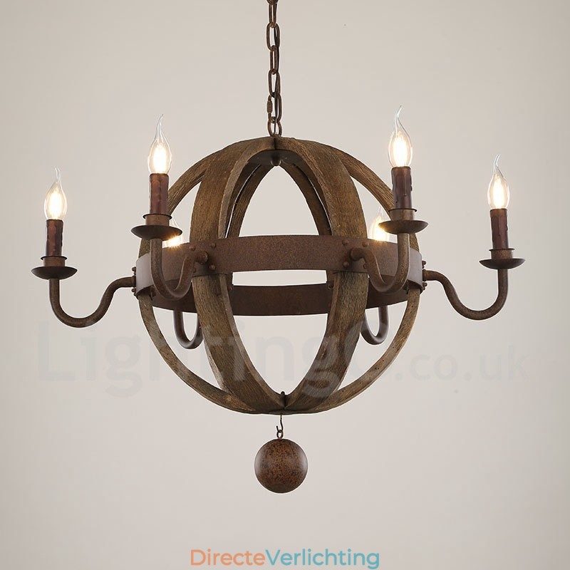 Land Vintage Houten 6 Lichts Kroonluchter Lamp Licht