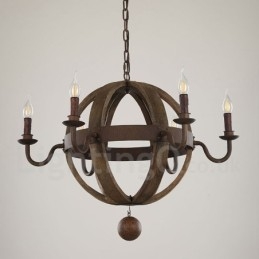 Land Vintage Houten 6 Lichts Kroonluchter Lamp Licht