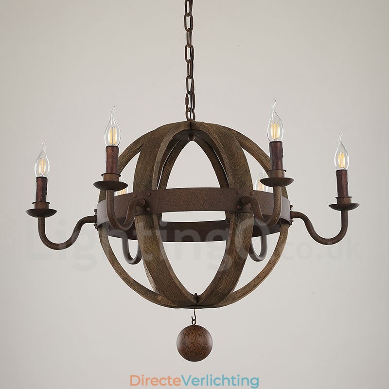 Land Vintage Houten 6 Lichts Kroonluchter Lamp Licht