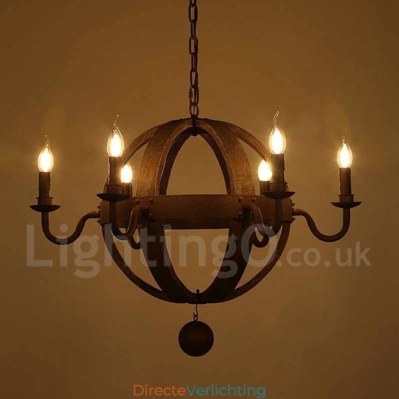 Land Vintage Houten 6 Lichts Kroonluchter Lamp Licht